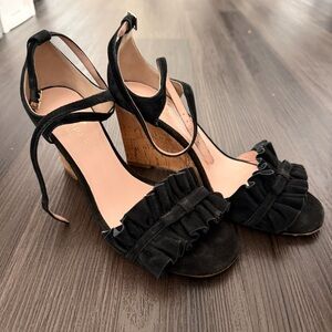 kate spade Black Ruffle Cork Wedge Sandals with Ankle Tie
